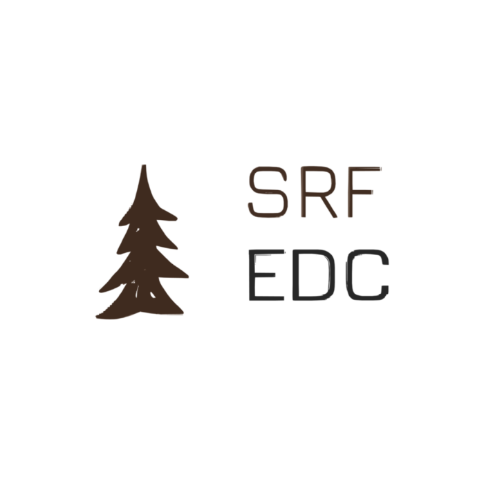 Timmins Care Logo featuring a stylized brown pine tree to the left, with the letters "SRF" in brown and "EDC" in black to the right. White background. Cochrane District Social Services Administration Board