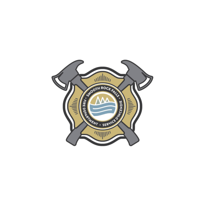 Timmins Care Emblem featuring a badge with crossed firefighter axes and a central shield displaying wavy lines. Text reads "Woodlawn Fire Dept. - Courage - Honor - Service". Cochrane District Social Services Administration Board