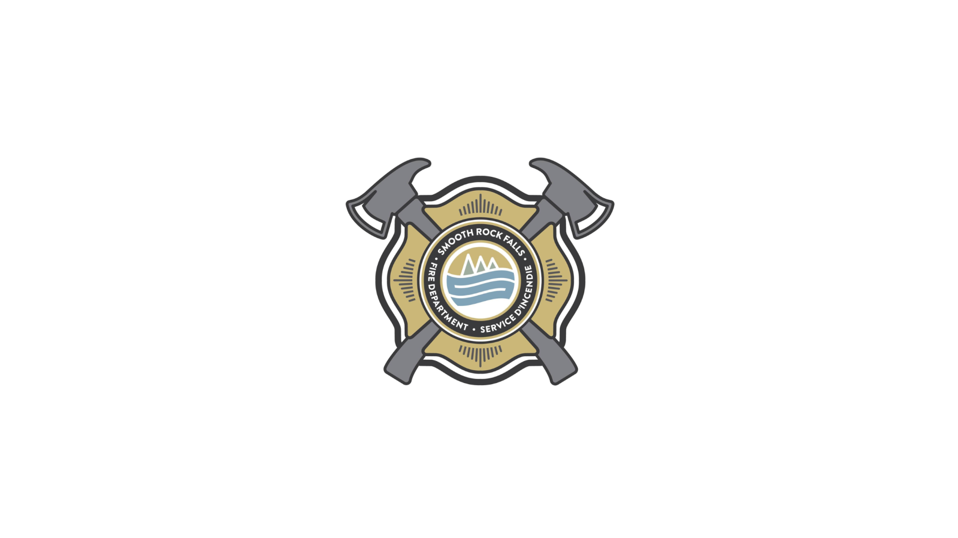 Timmins Care Emblem featuring a badge with crossed firefighter axes and a central shield displaying wavy lines. Text reads "Woodlawn Fire Dept. - Courage - Honor - Service". Cochrane District Social Services Administration Board