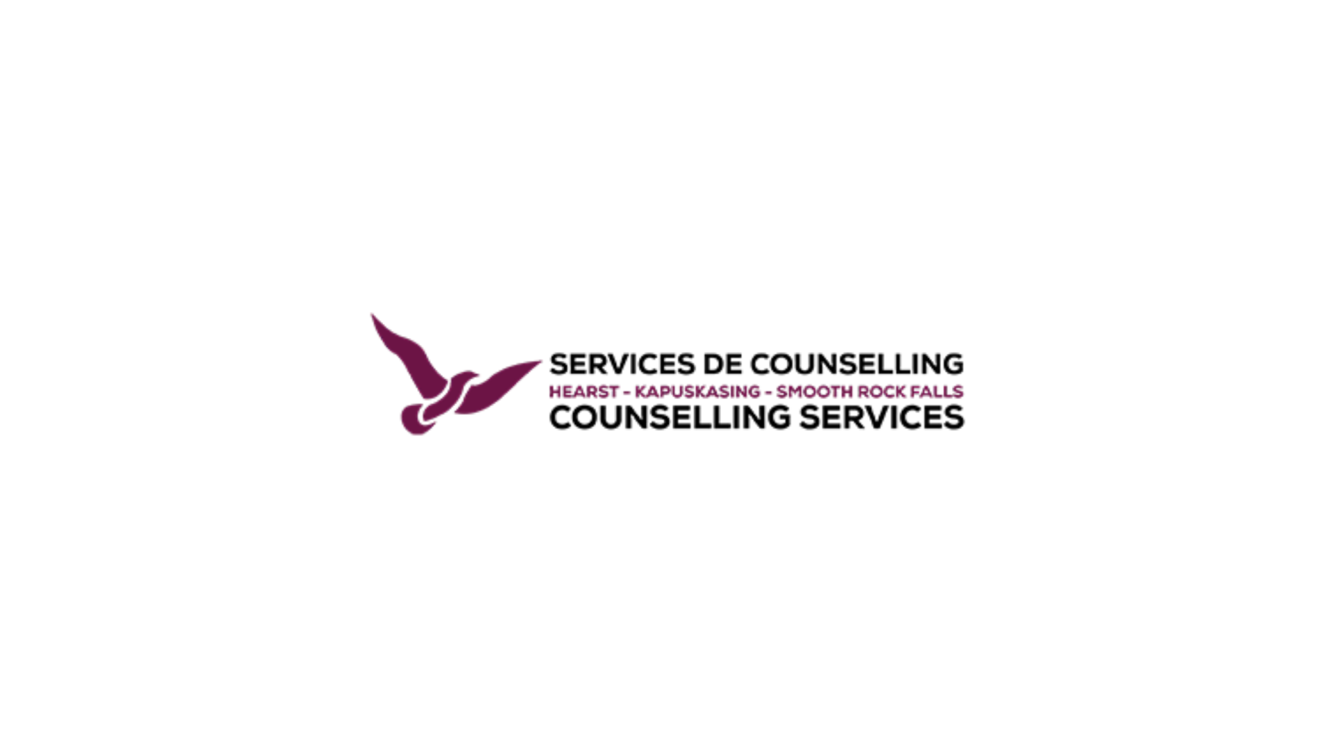 Timmins Care Logo of Counselling Services for Hearst, Kapuskasing, and Smooth Rock Falls, featuring a purple bird in flight. Cochrane District Social Services Administration Board